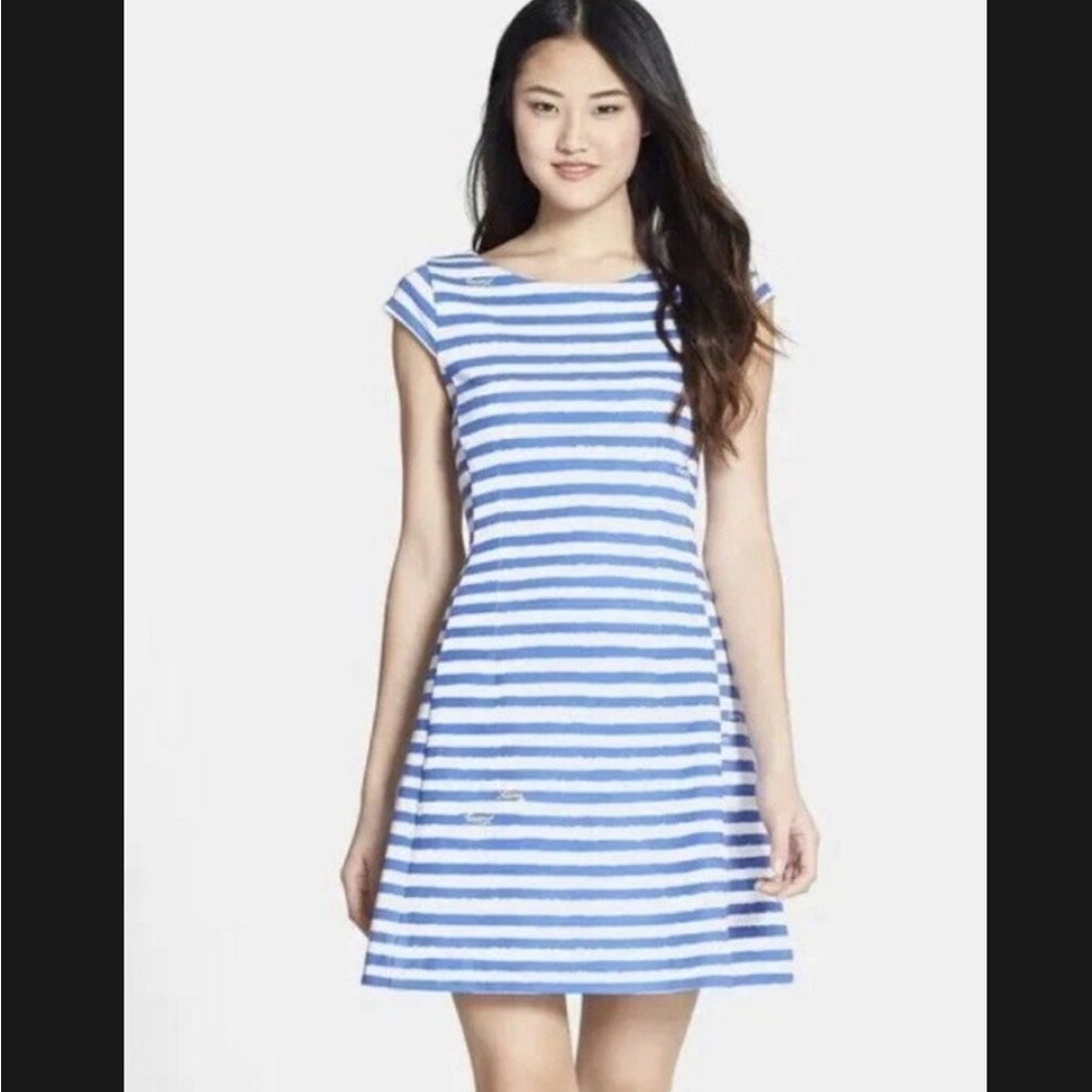 Lilly Pulitzer Briella White/Blue Stripped Cap Sleeve Stretch Dress SZ XS